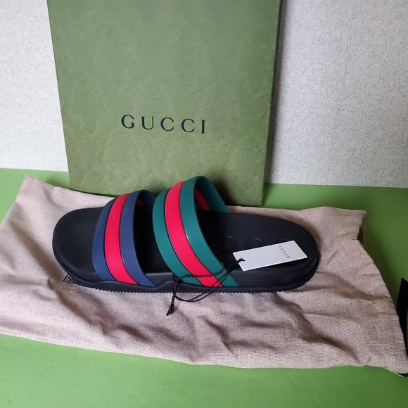 NIB Gucci Agrado web double strap rubber slides sandals G 11/ US 12 - Picture 2 of 5